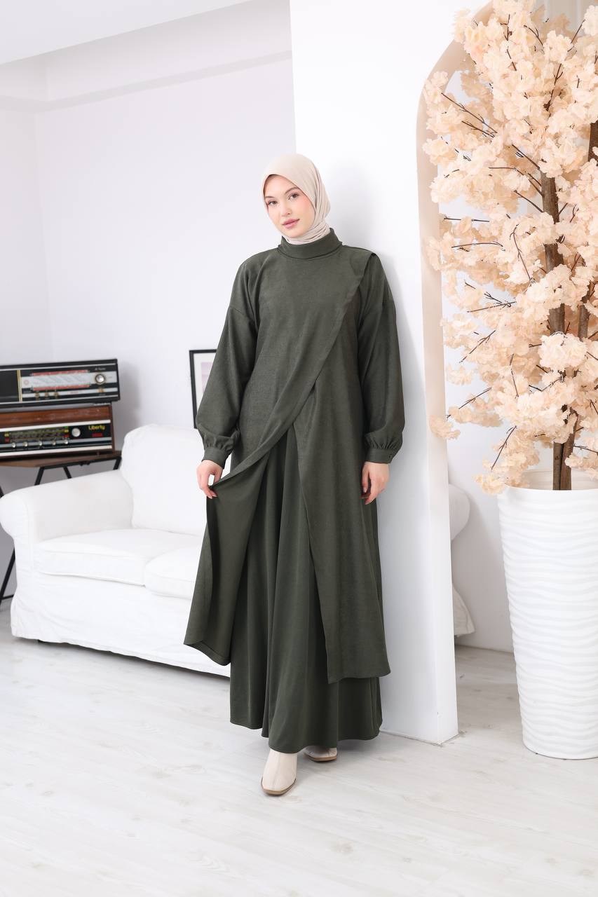 7206 Çapraz Detaylı Tunik Etek Takımı - Haki