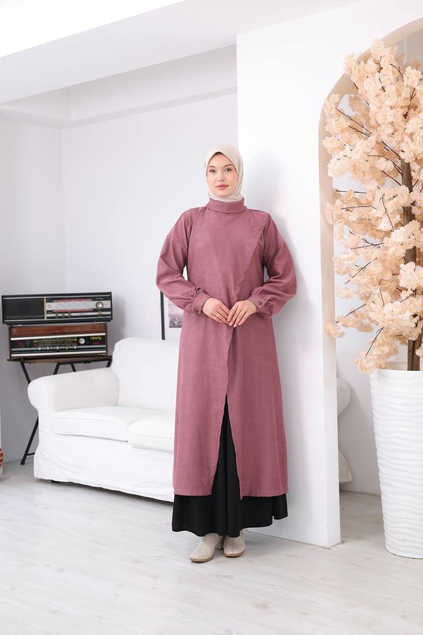 7206 Çapraz Detaylı Tunik Etek Takımı - Gül kurusu & Siyah