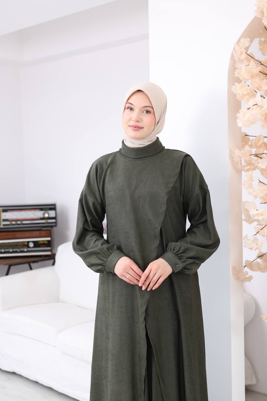 7206 Çapraz Detaylı Tunik Etek Takımı - Haki