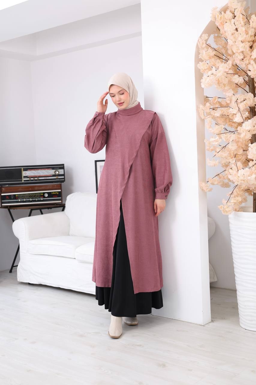 7206 Çapraz Detaylı Tunik Etek Takımı - Gül kurusu & Siyah