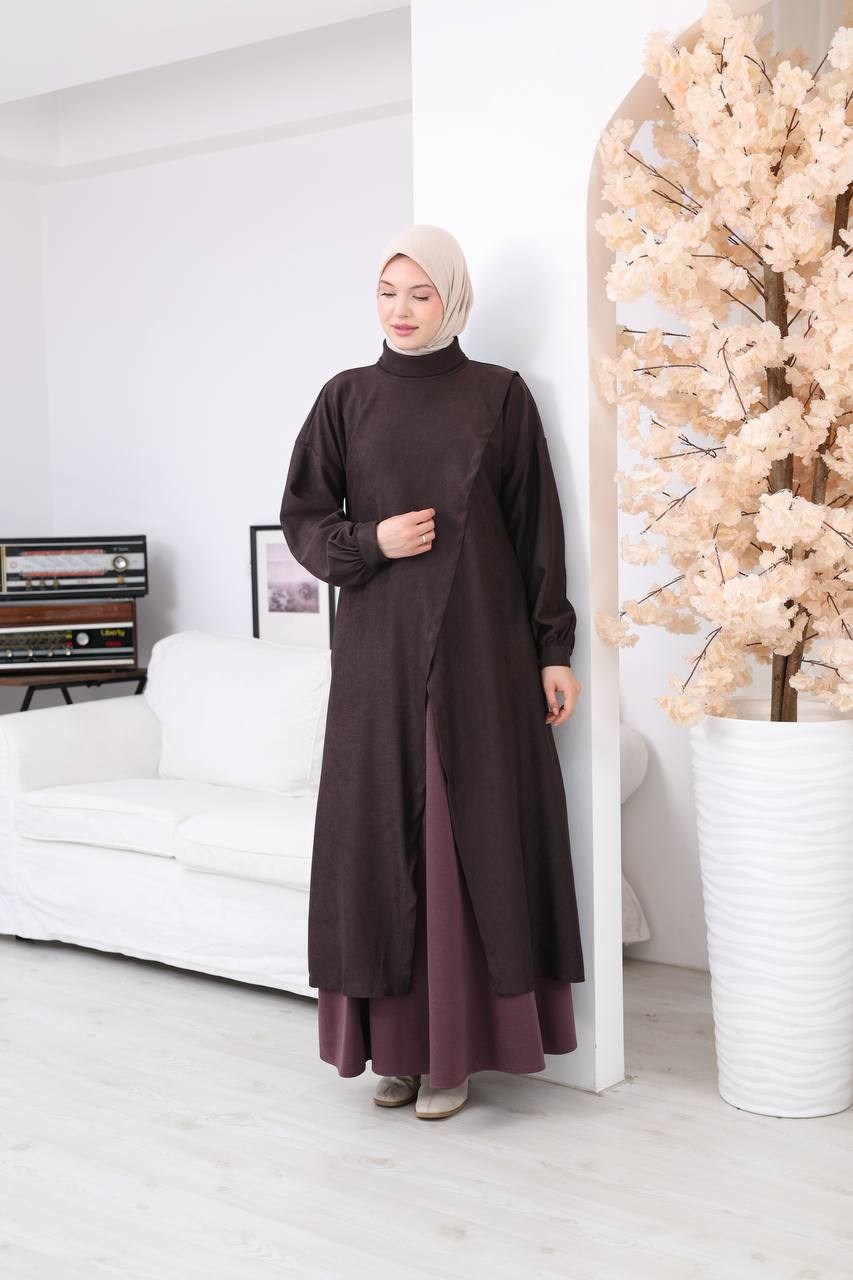 7206 Çapraz Detaylı Tunik Etek Takımı - Kahve & Mor