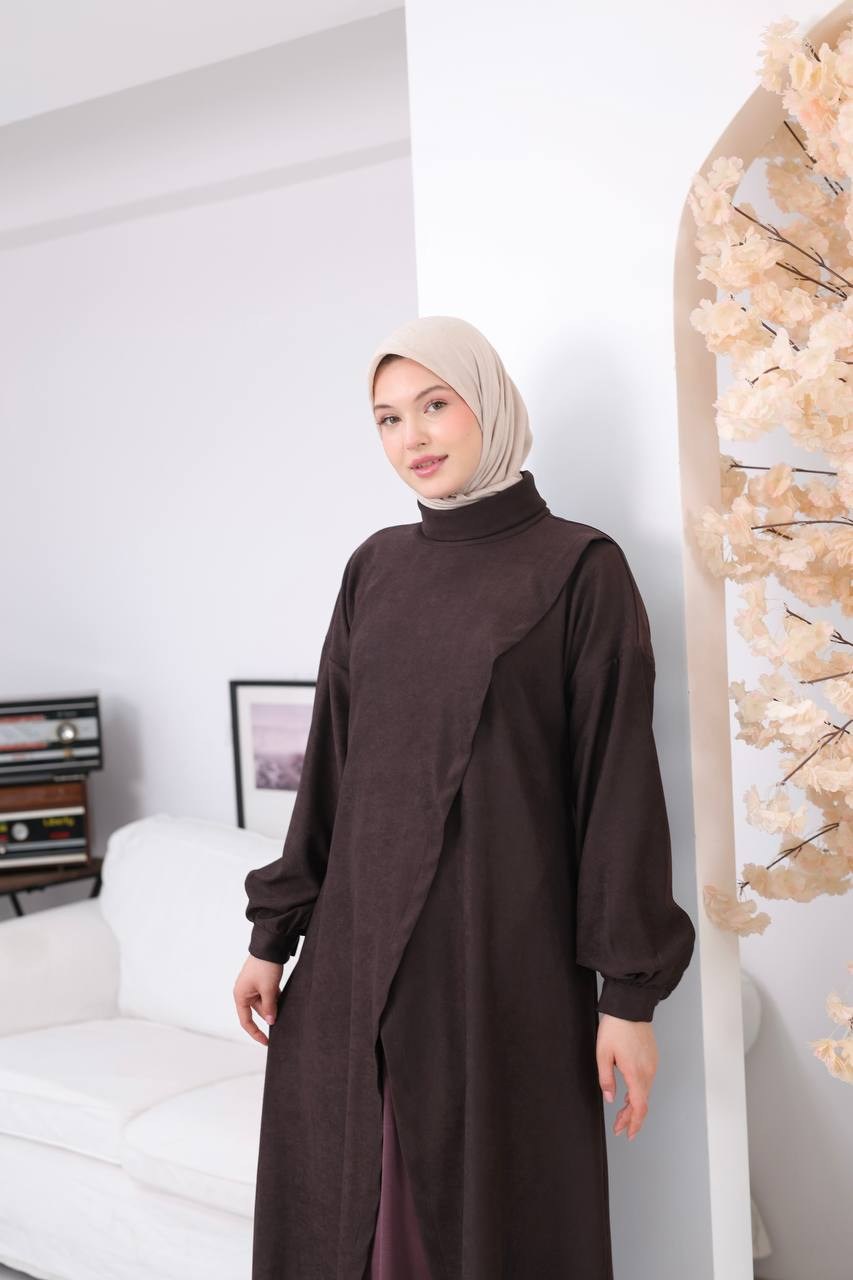 7206 Çapraz Detaylı Tunik Etek Takımı - Kahve & Mor