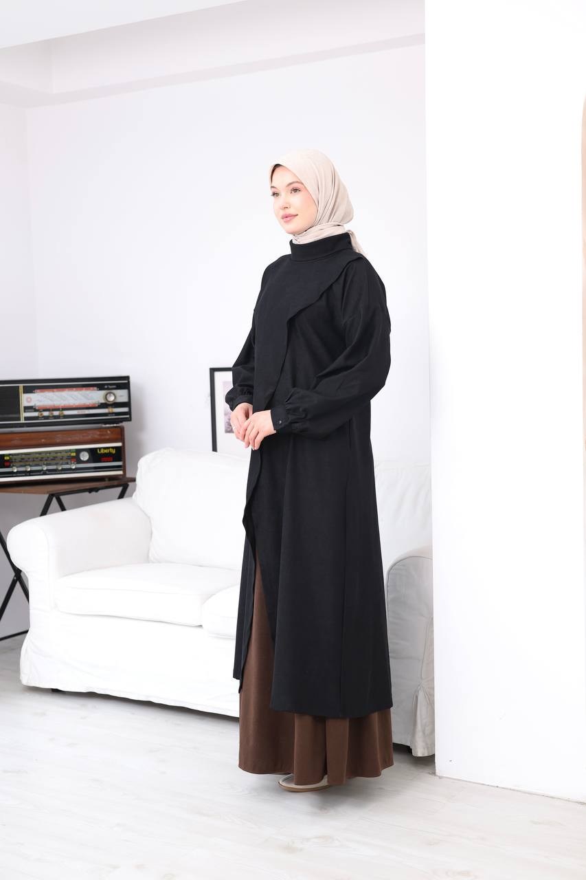 7206 Çapraz Detaylı Tunik Etek Takımı - Siyah & Kahve