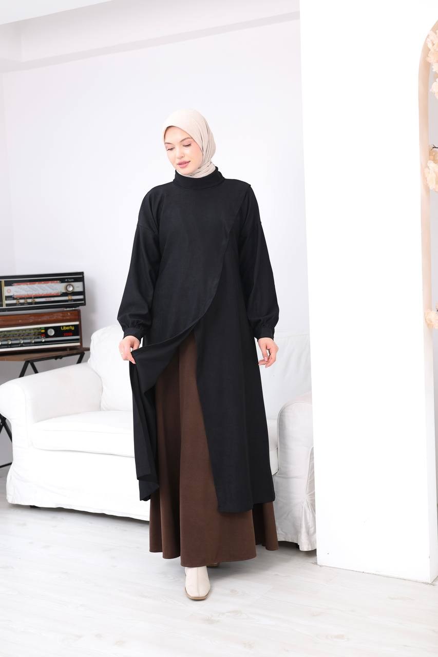 7206 Çapraz Detaylı Tunik Etek Takımı - Siyah & Kahve