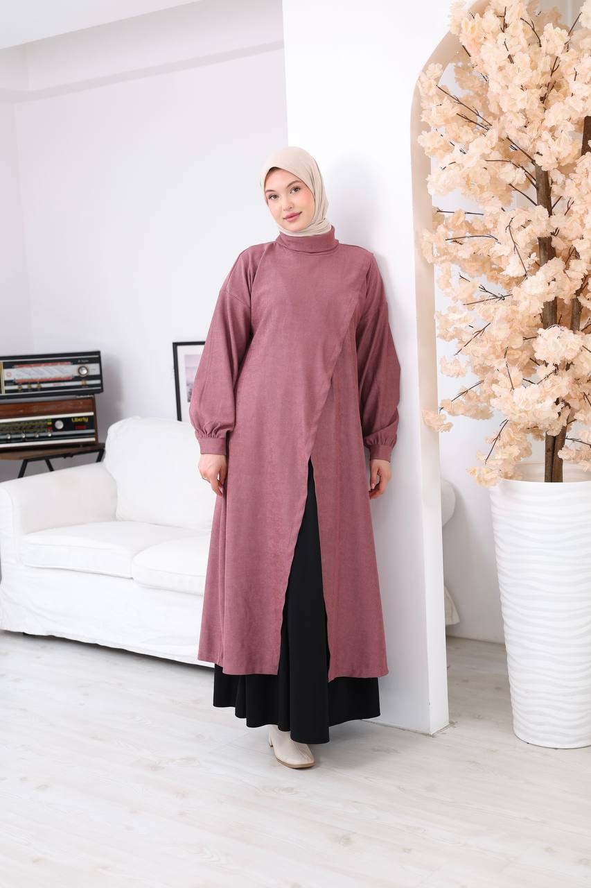 7206 Çapraz Detaylı Tunik Etek Takımı - Gül kurusu & Siyah