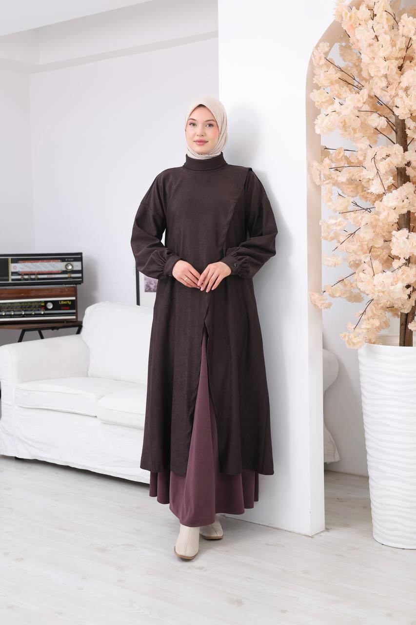 7206 Çapraz Detaylı Tunik Etek Takımı - Kahve & Mor