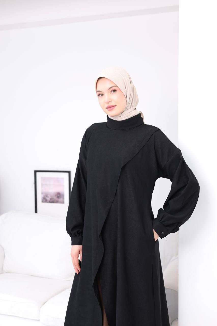 7206 Çapraz Detaylı Tunik Etek Takımı - Siyah & Kahve