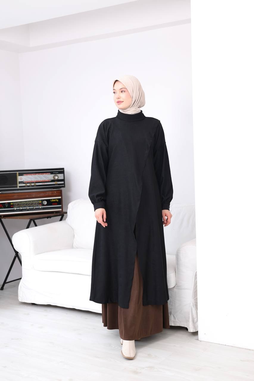 7206 Çapraz Detaylı Tunik Etek Takımı - Siyah & Kahve