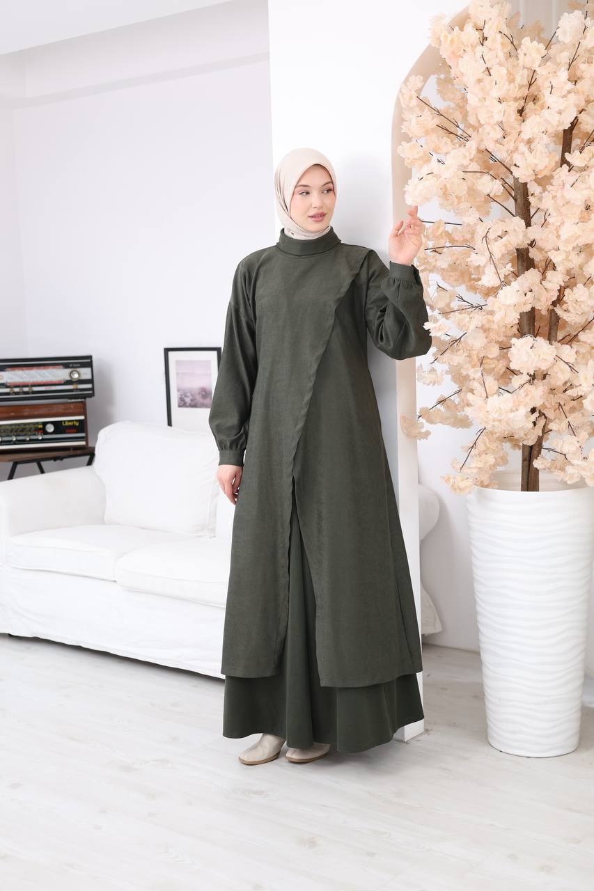 7206 Çapraz Detaylı Tunik Etek Takımı - Haki