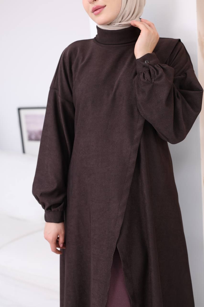 7206 Çapraz Detaylı Tunik Etek Takımı - Kahve & Mor