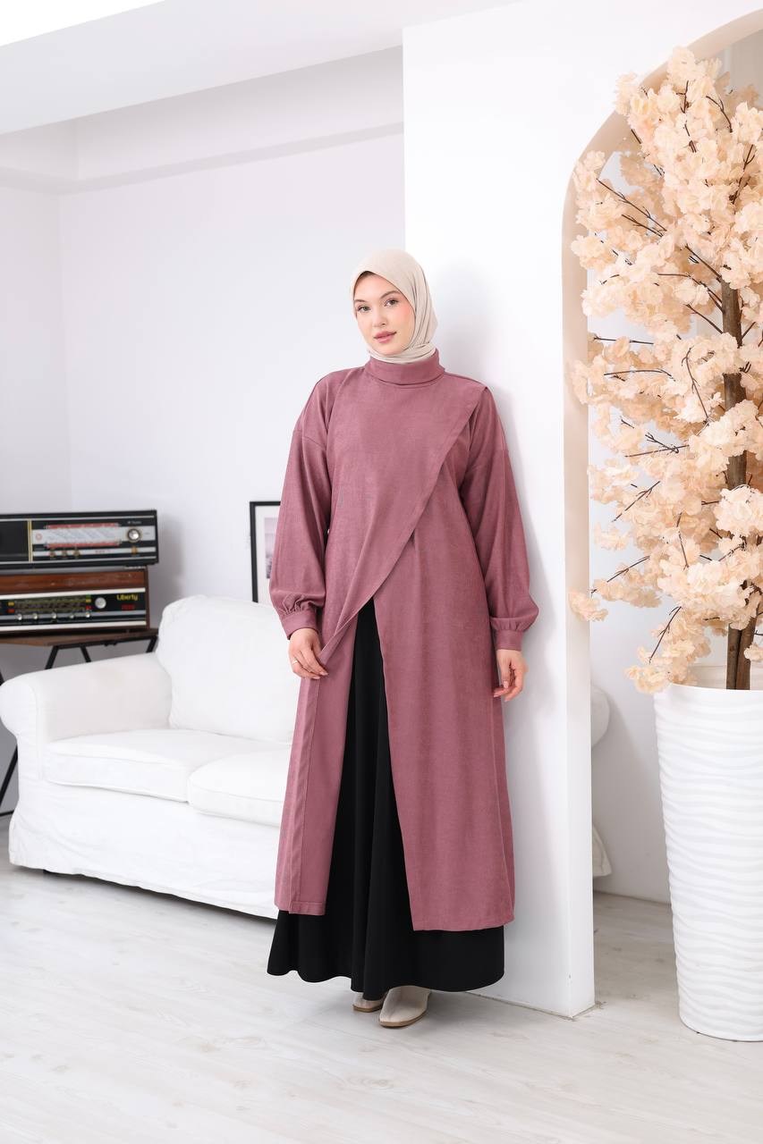 7206 Çapraz Detaylı Tunik Etek Takımı - Gül kurusu & Siyah