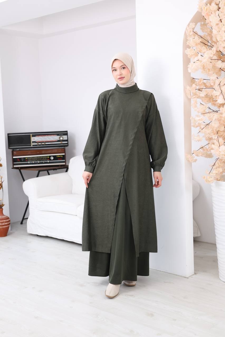7206 Çapraz Detaylı Tunik Etek Takımı - Haki