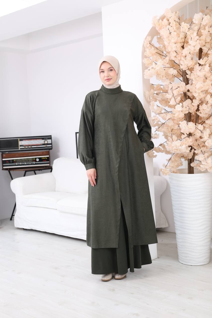 7206 Çapraz Detaylı Tunik Etek Takımı - Haki