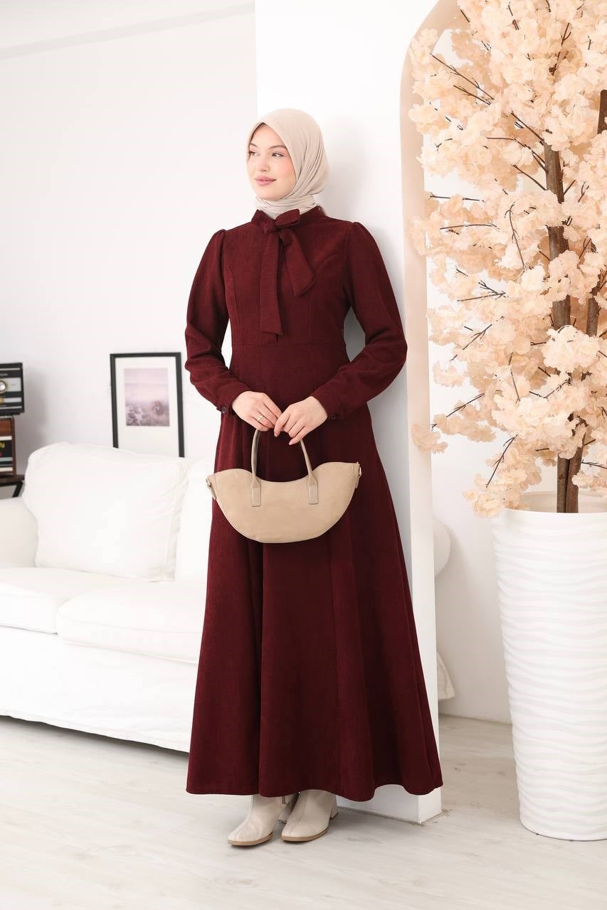 7207 Yakası Fiyonklu Elbise - Bordo