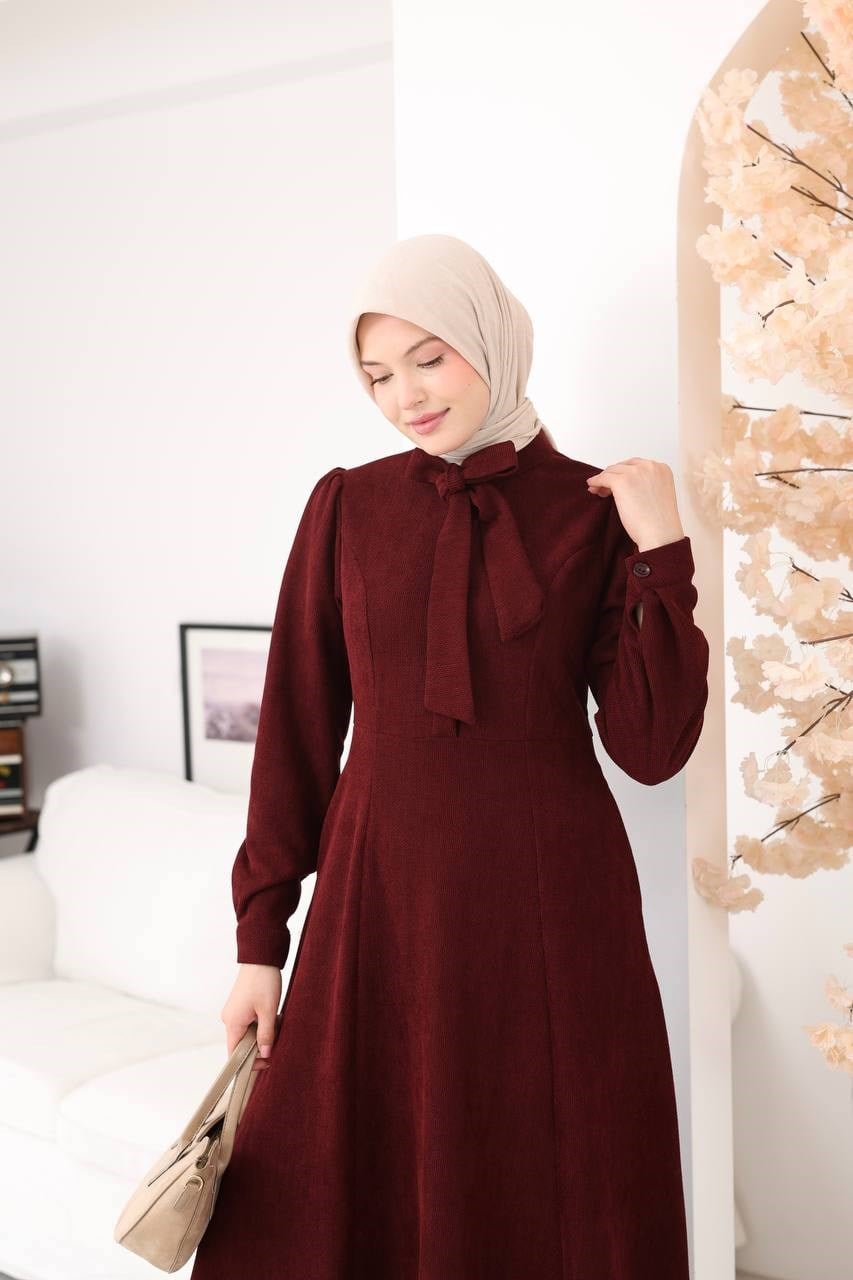 7207 Yakası Fiyonklu Elbise - Bordo