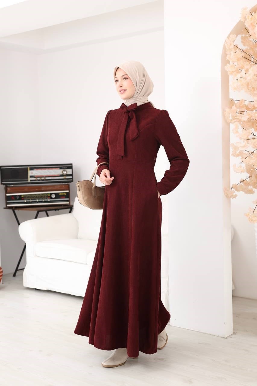7207 Yakası Fiyonklu Elbise - Bordo