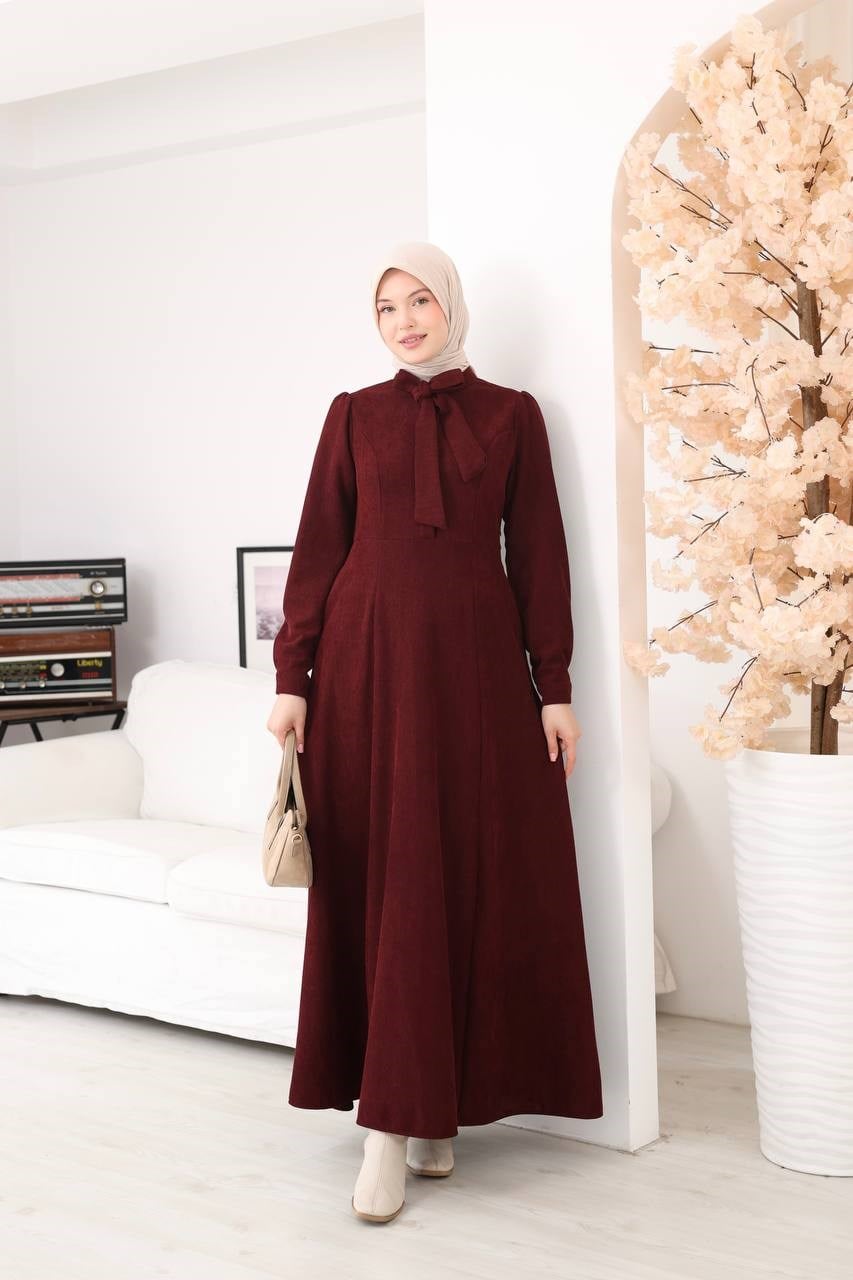 7207 Yakası Fiyonklu Elbise - Bordo