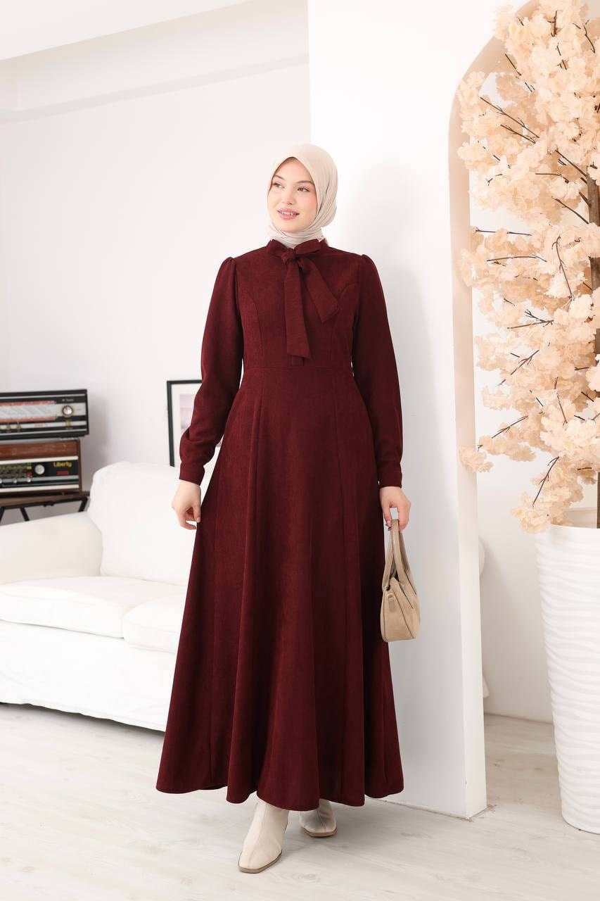 7207 Yakası Fiyonklu Elbise - Bordo