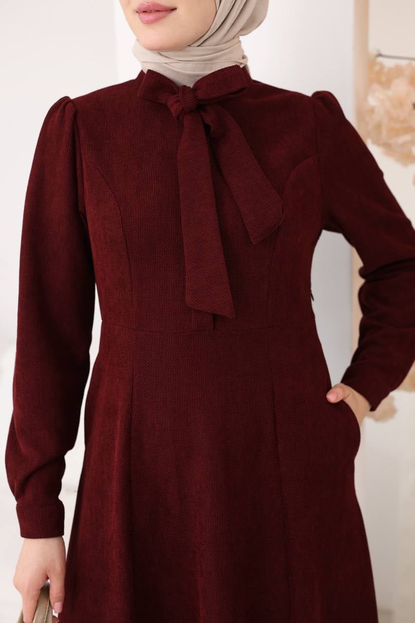 7207 Yakası Fiyonklu Elbise - Bordo