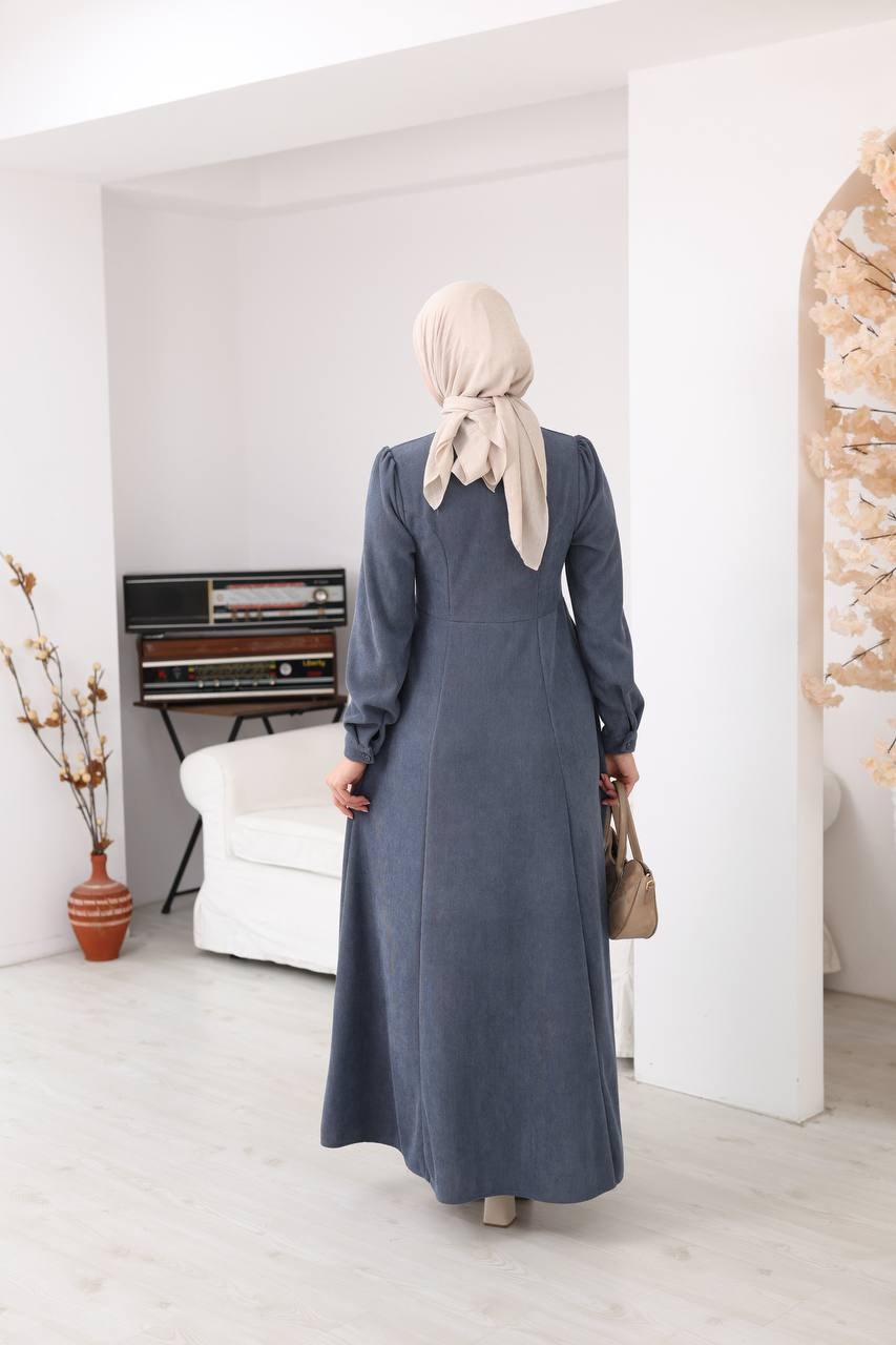 7207 Yakası Fiyonklu Elbise - Gri