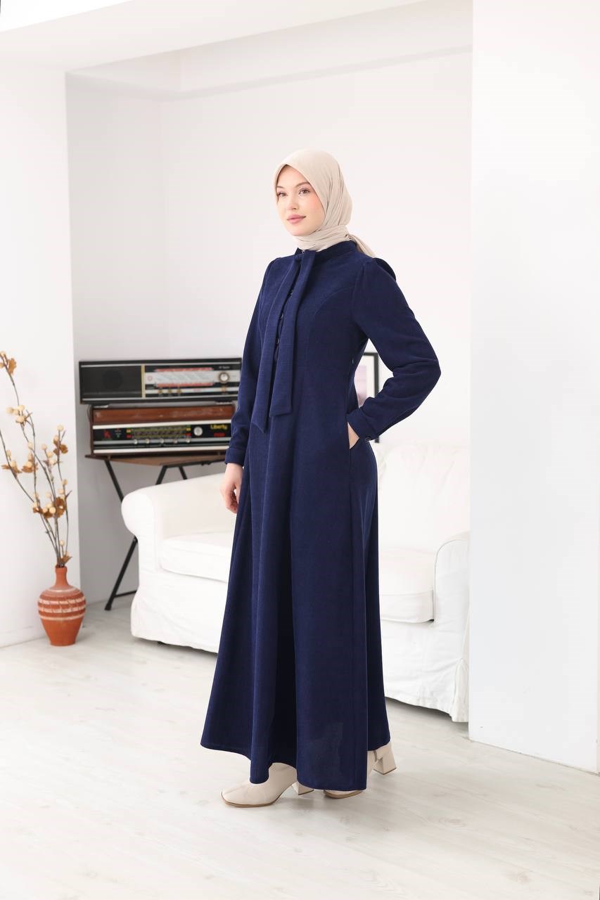 7207 Yakası Fiyonklu Elbise - Lacivert