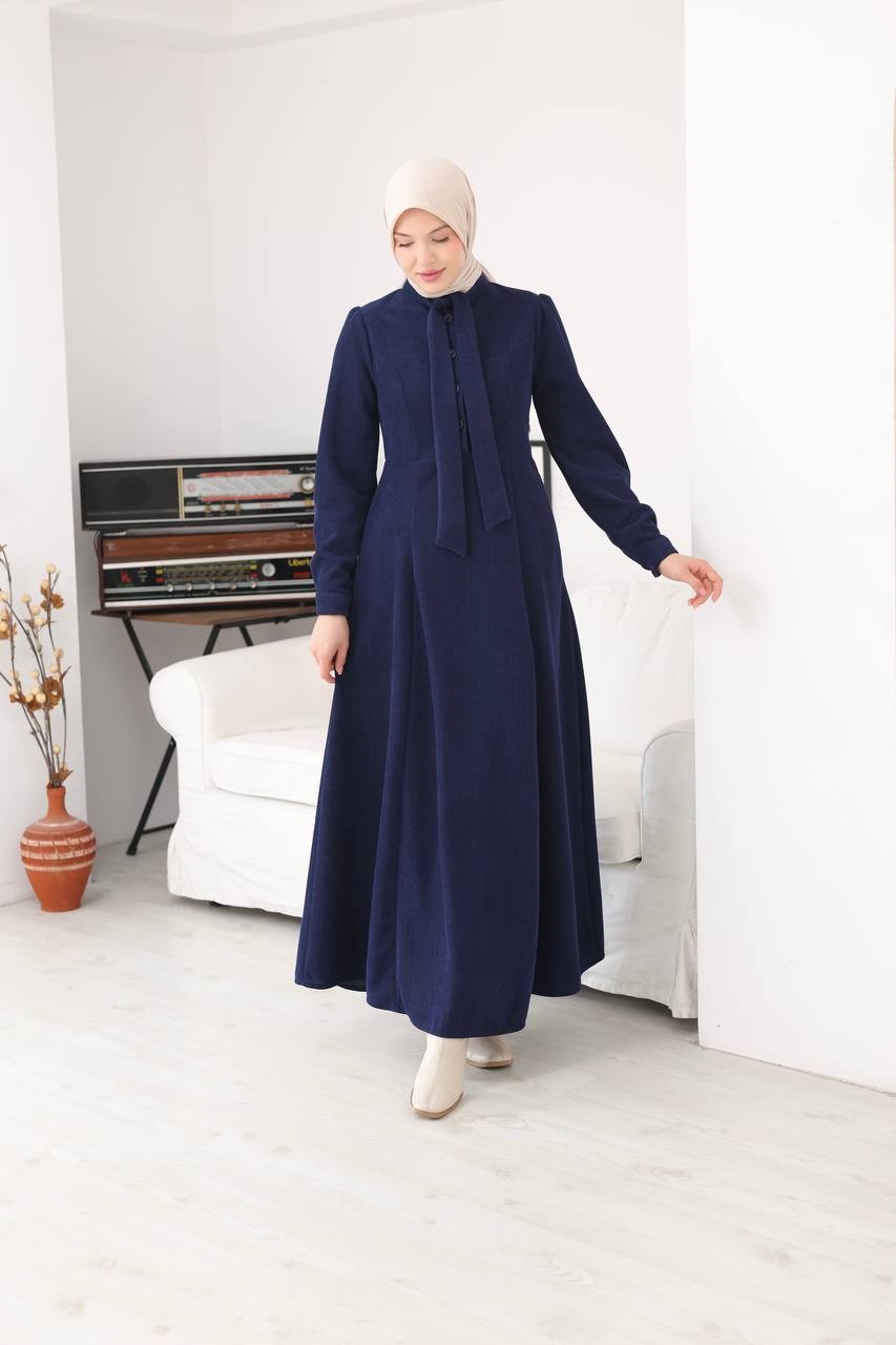7207 Yakası Fiyonklu Elbise - Lacivert