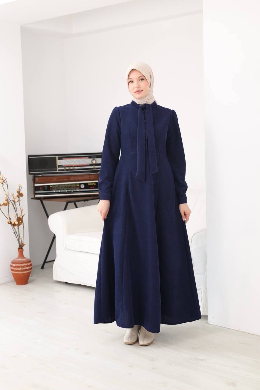 7207 Yakası Fiyonklu Elbise - Lacivert