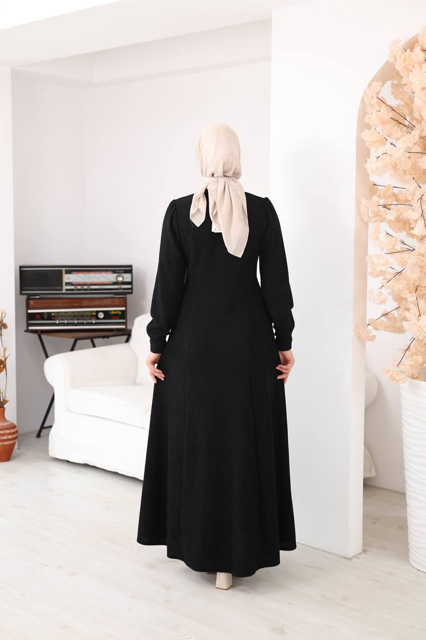 7207 Yakası Fiyonklu Elbise - Siyah 