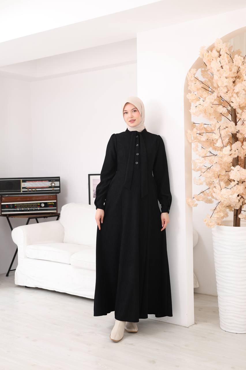 7207 Yakası Fiyonklu Elbise - Siyah 