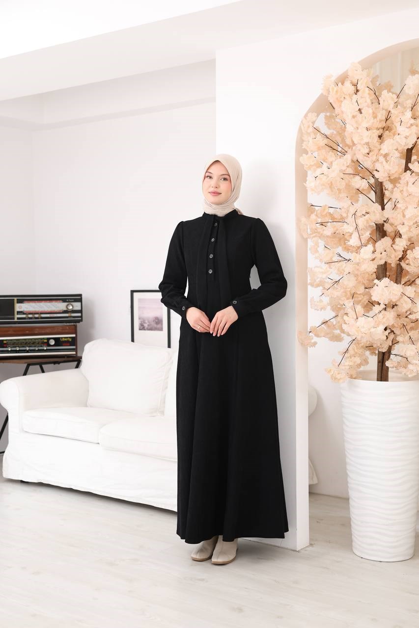 7207 Yakası Fiyonklu Elbise - Siyah 