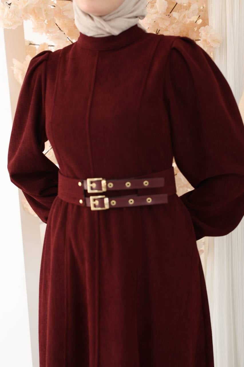 7208 Çift Tokalı Kemerli Elbise - Bordo 