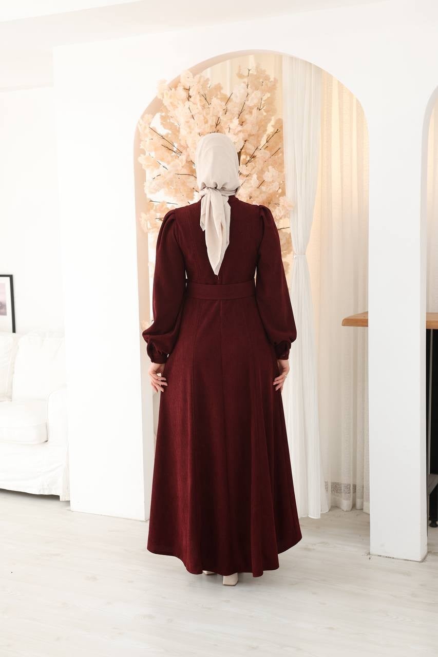 7208 Çift Tokalı Kemerli Elbise - Bordo 