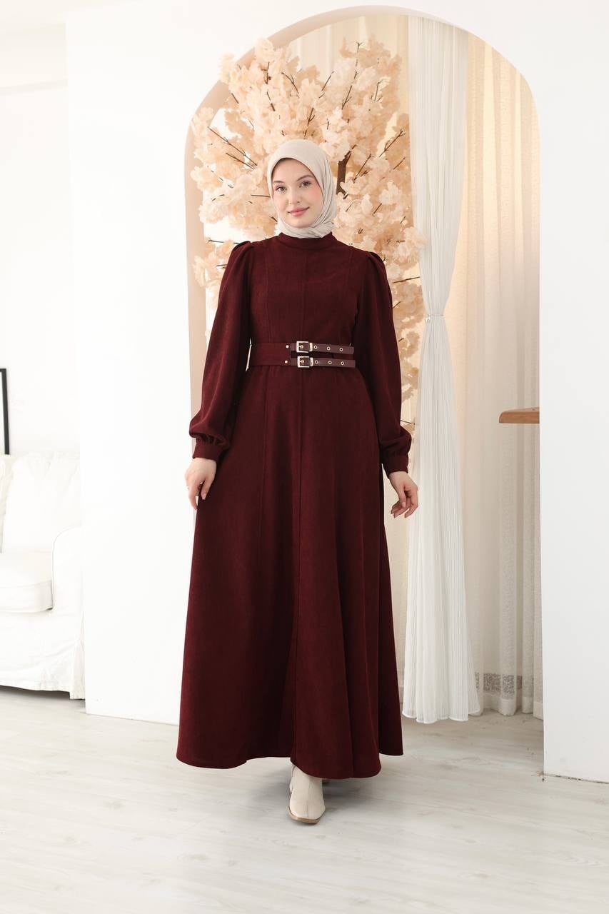 7208 Çift Tokalı Kemerli Elbise - Bordo 