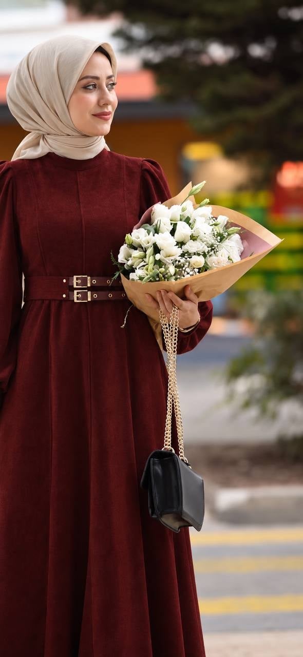 7208 Çift Tokalı Kemerli Elbise - Bordo 