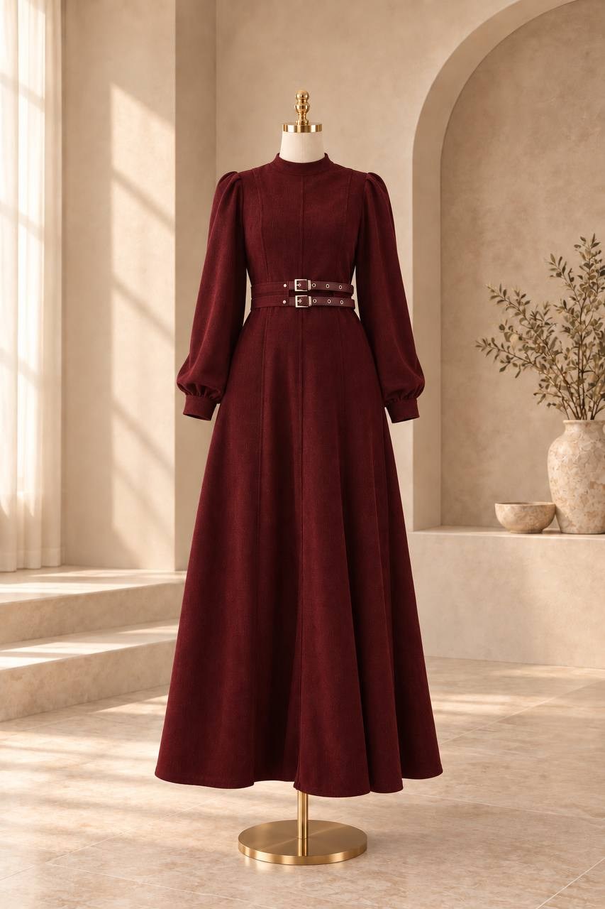 7208 Çift Tokalı Kemerli Elbise - Bordo 