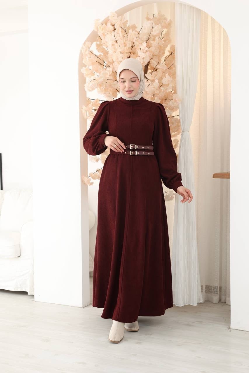 7208 Çift Tokalı Kemerli Elbise - Bordo 