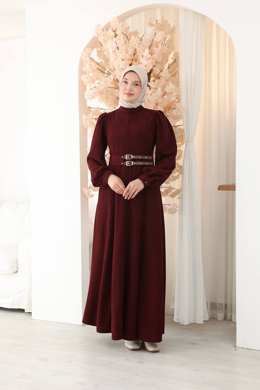 7208 Çift Tokalı Kemerli Elbise - Bordo 