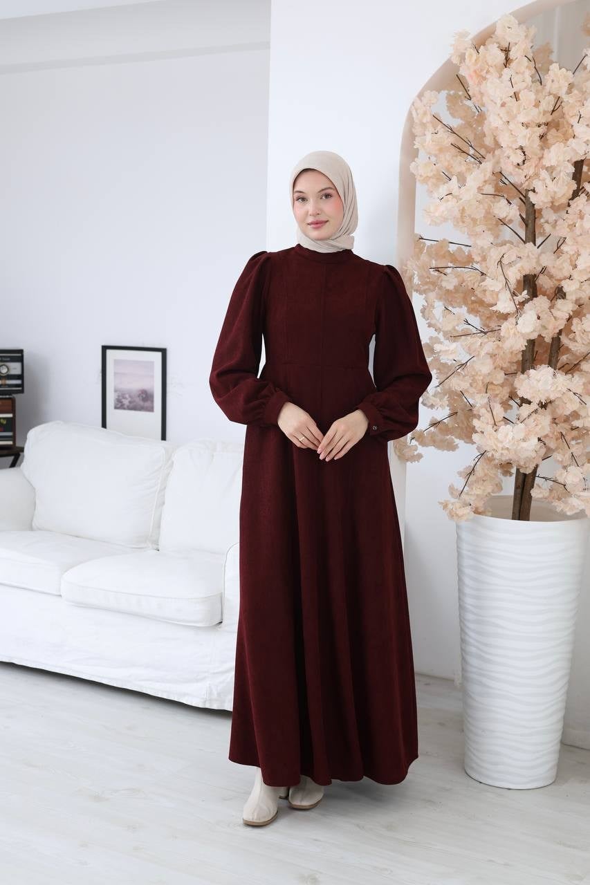 7208 Çift Tokalı Kemerli Elbise - Bordo 