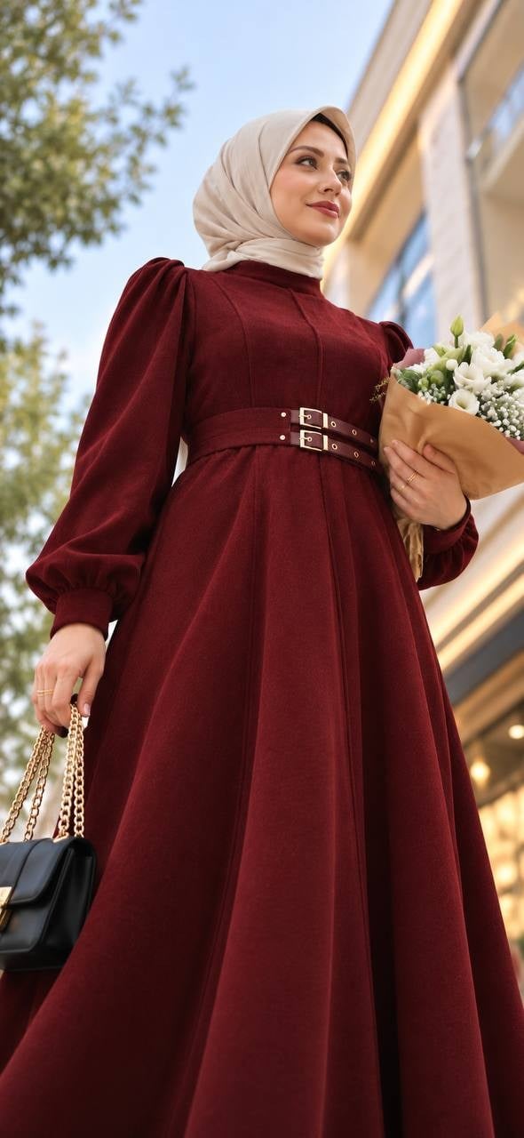 7208 Çift Tokalı Kemerli Elbise - Bordo 