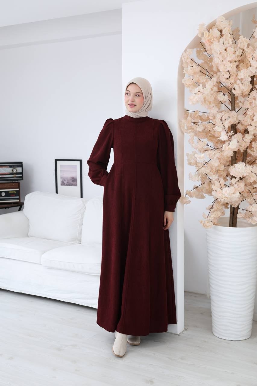 7208 Çift Tokalı Kemerli Elbise - Bordo 