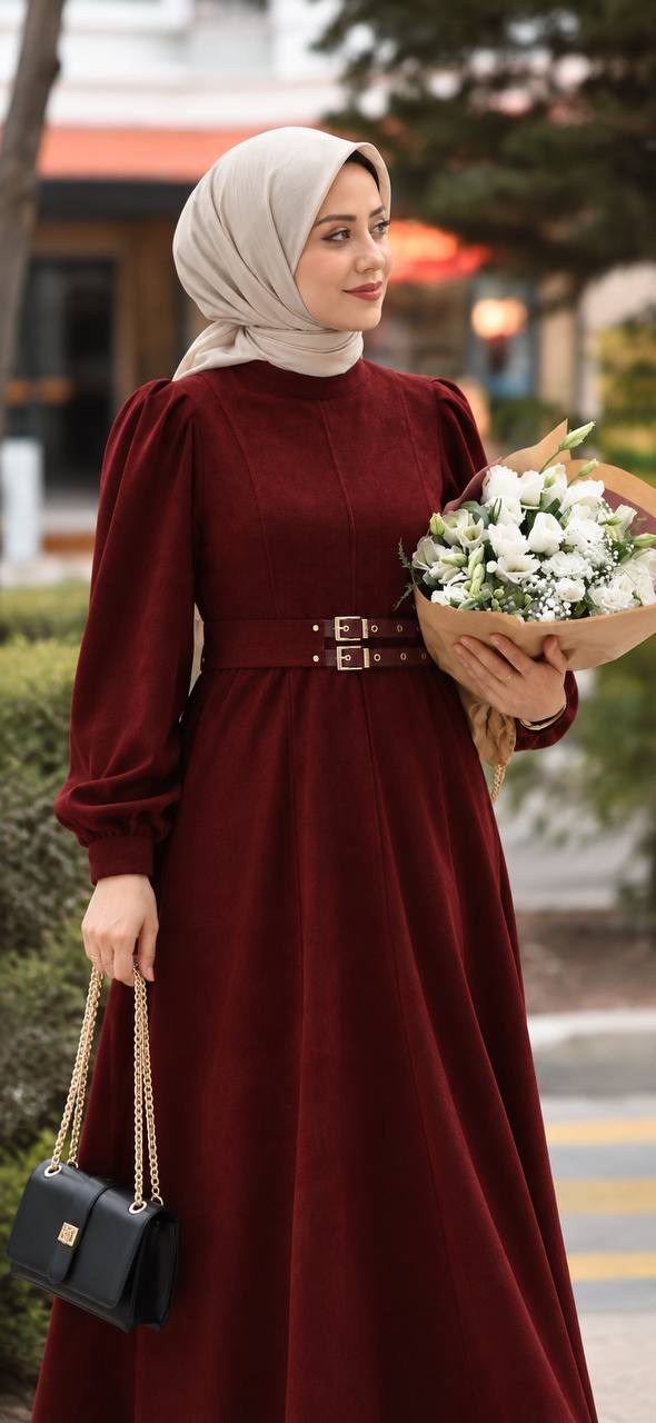 7208 Çift Tokalı Kemerli Elbise - Bordo 