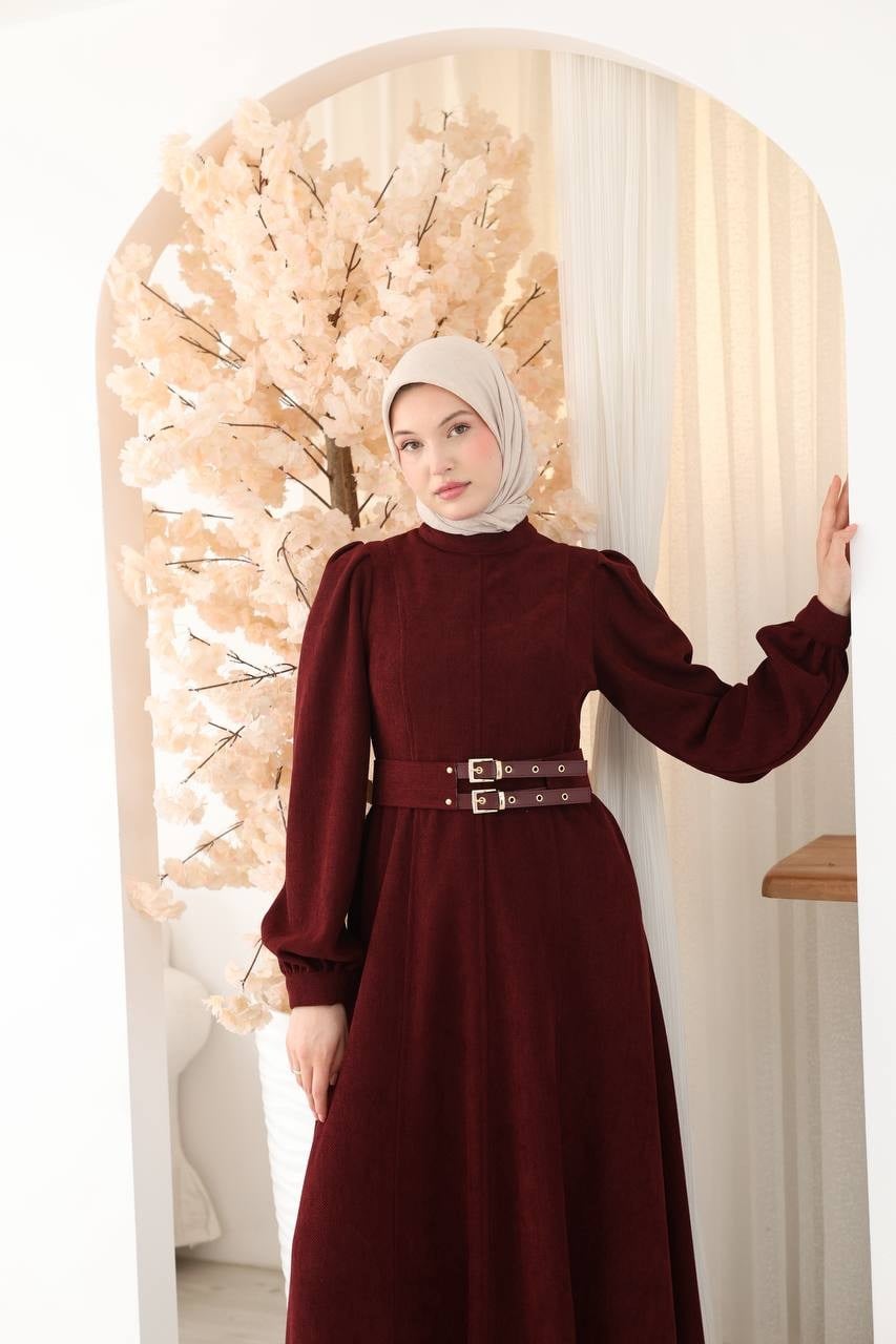 7208 Çift Tokalı Kemerli Elbise - Bordo 