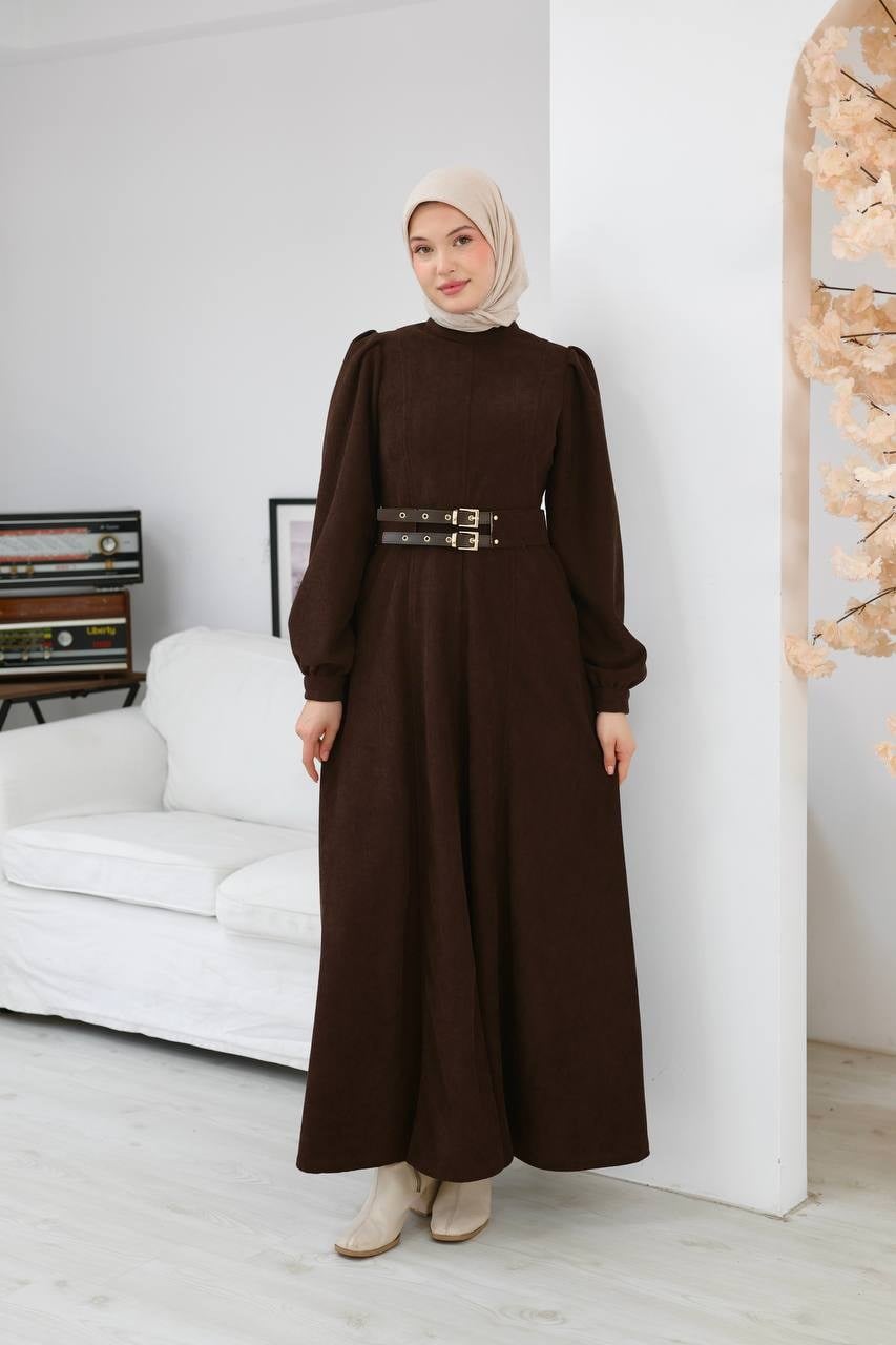 7208 Çift Tokalı Kemerli Elbise - Kahverengi 