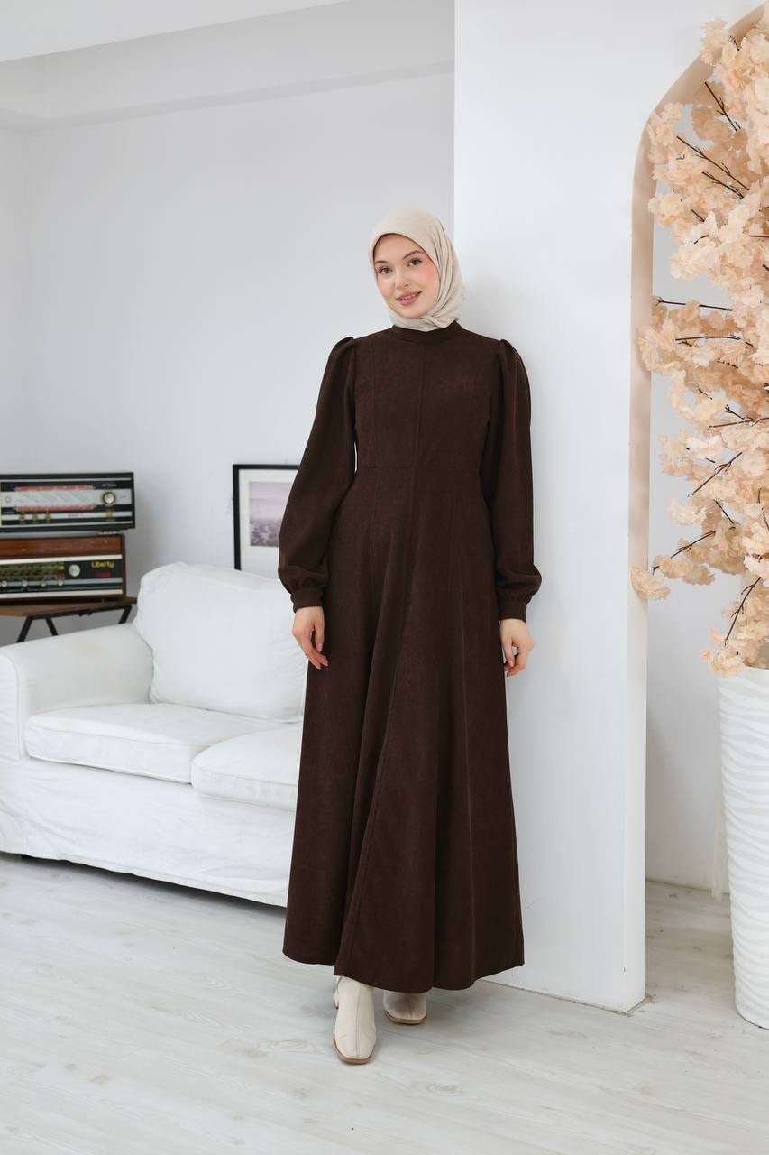 7208 Çift Tokalı Kemerli Elbise - Kahverengi 