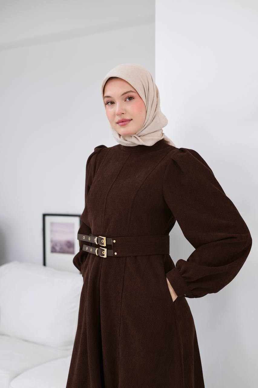 7208 Çift Tokalı Kemerli Elbise - Kahverengi 