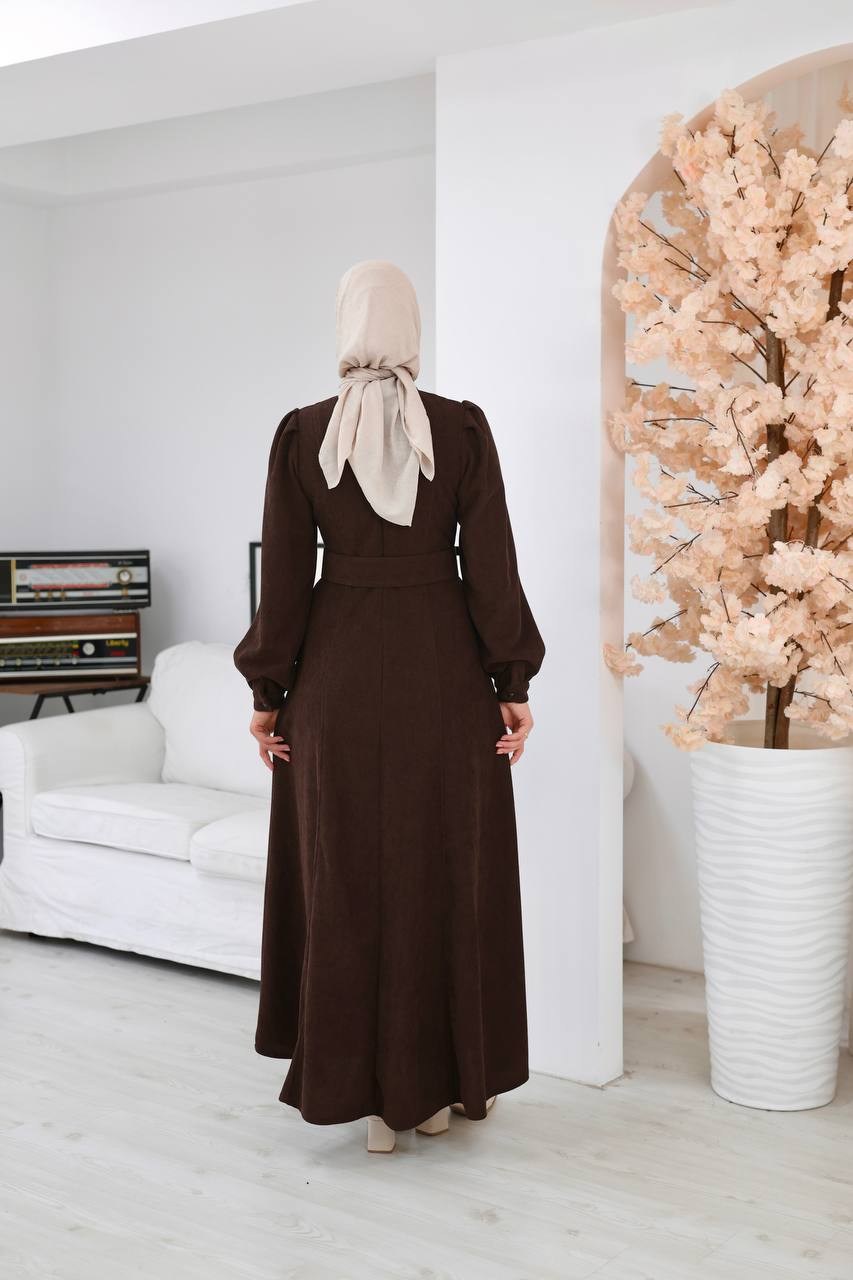 7208 Çift Tokalı Kemerli Elbise - Kahverengi 