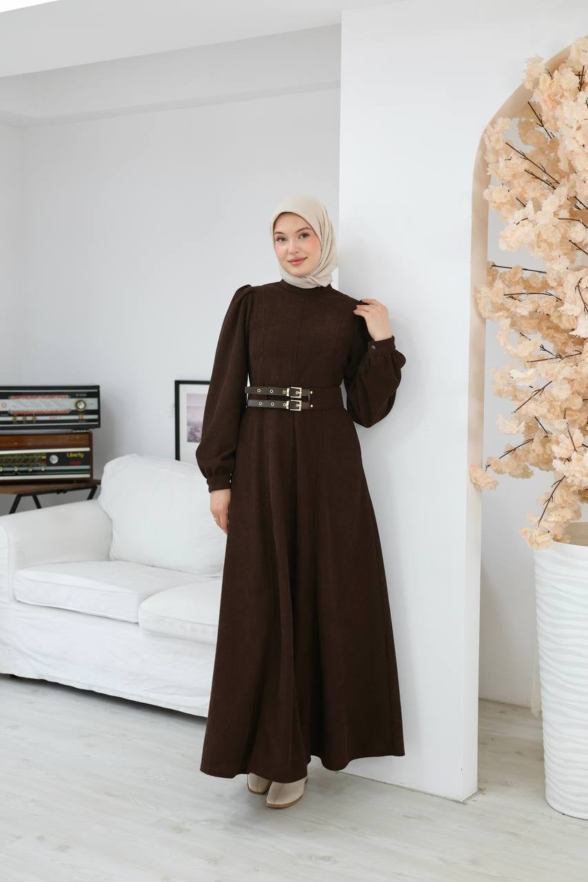 7208 Çift Tokalı Kemerli Elbise - Kahverengi 