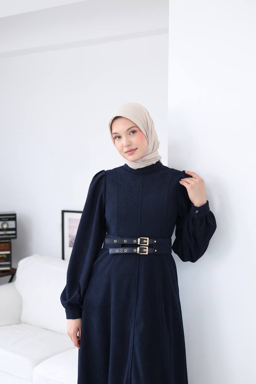 7208 Çift Tokalı Kemerli Elbise - Lacivert 