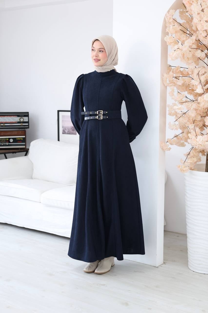 7208 Çift Tokalı Kemerli Elbise - Lacivert 
