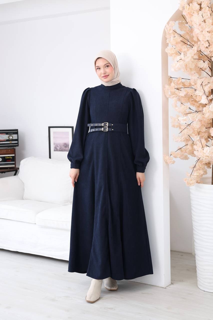 7208 Çift Tokalı Kemerli Elbise - Lacivert 